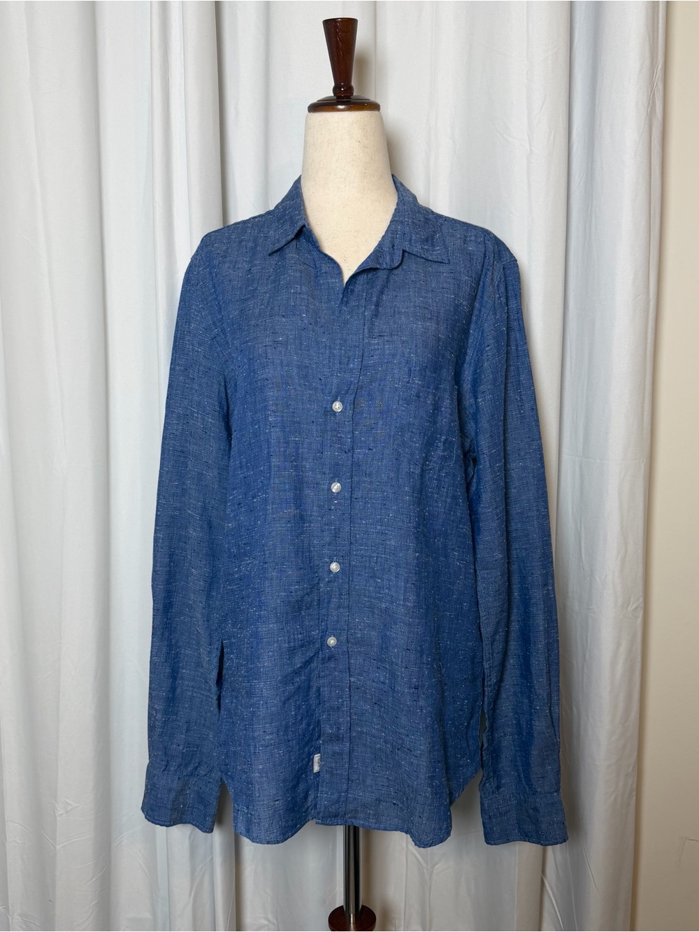 Frank & Eileen Barry Shirt Slub Linen Blend Blue Large Button Up Long Sleeve